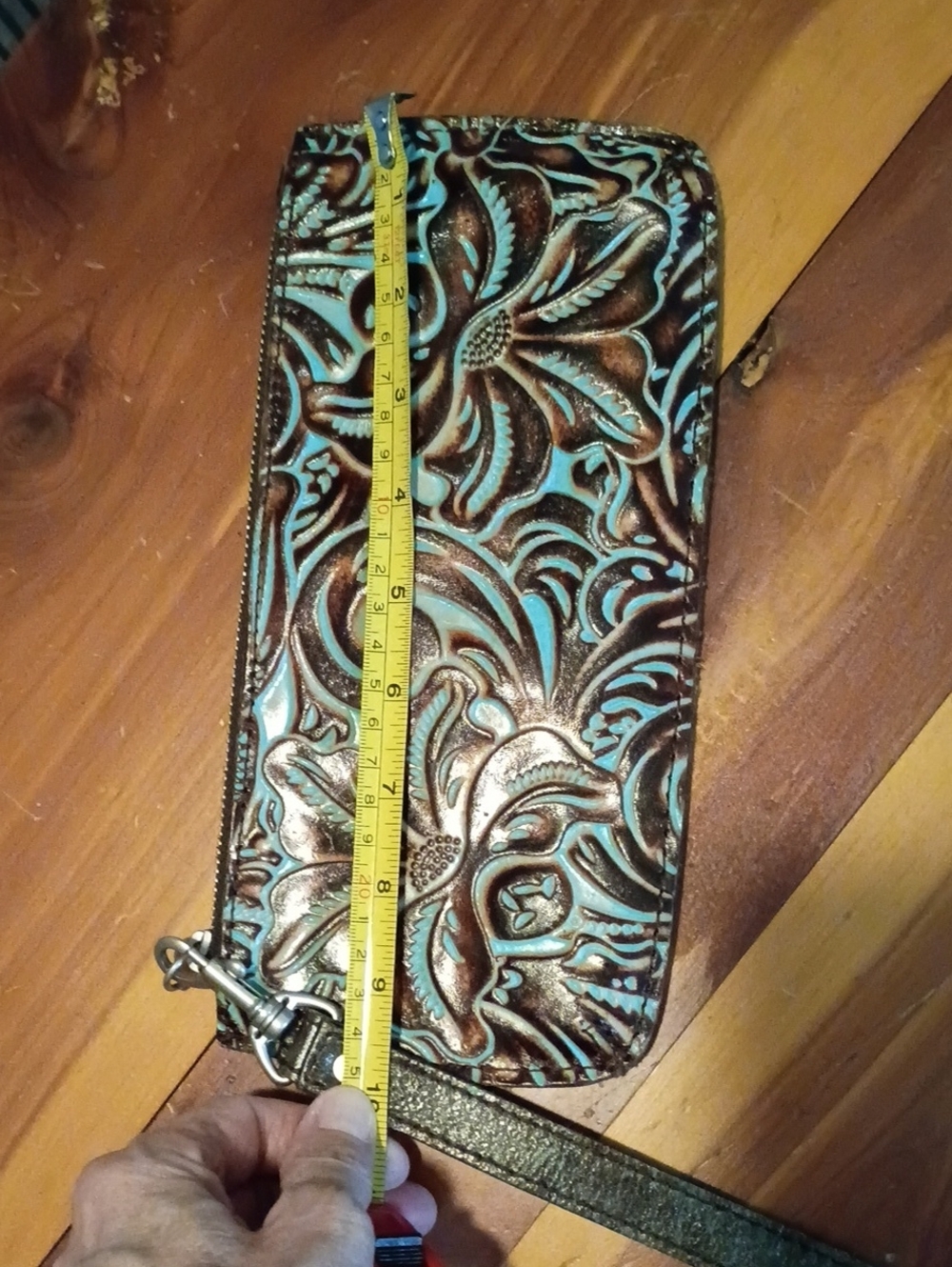 EUC Patricia Nash Turquoise & Brown Tooled Bag with Tassel & Matching wallet - Picture 9 of 12